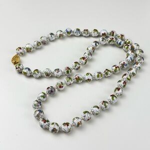 Vintage Chinese Cloisonné Hand Knotted Bead Necklace White/Green/Gold GUC
